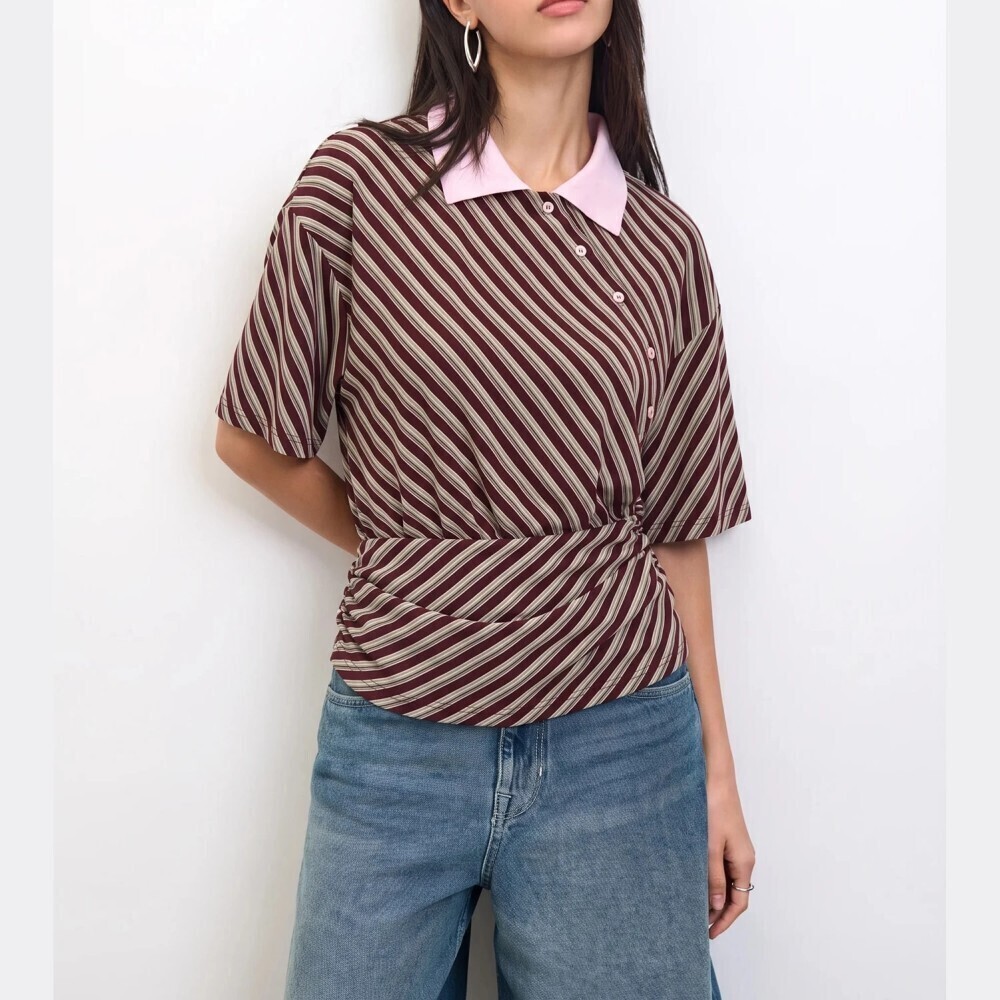 Burgundy Striped Contrast Collar Twist Front Asymmetric Button Up Top